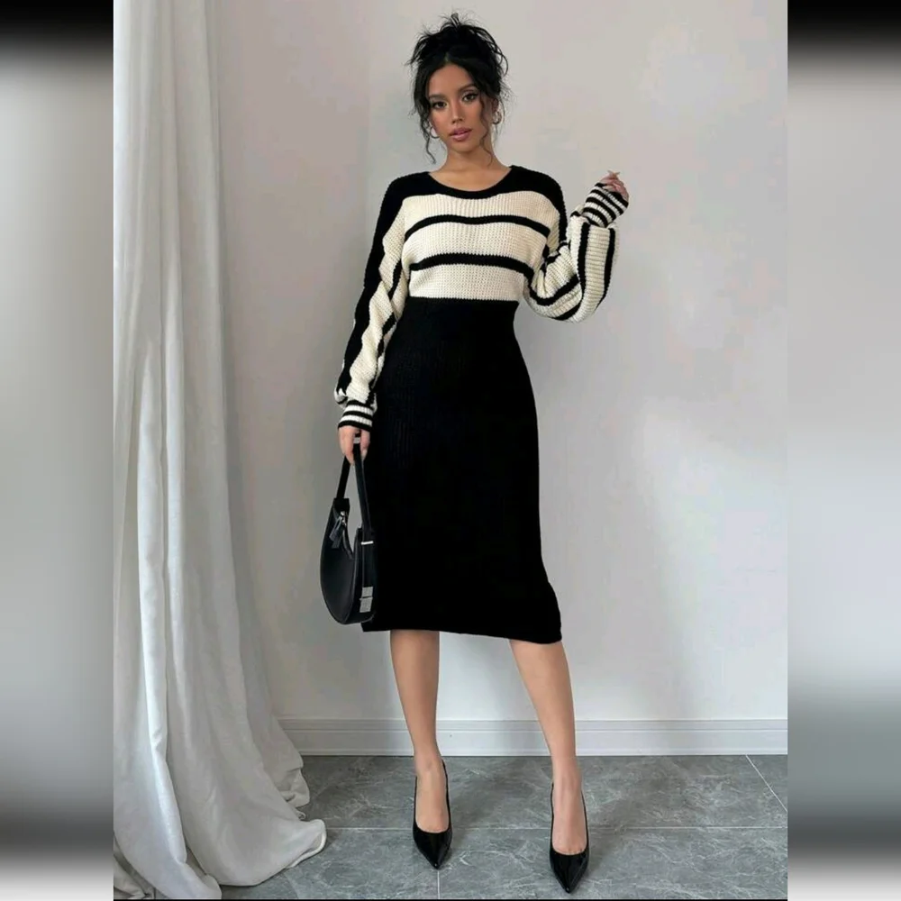 Women's Elegant Knitted Sweater Dress With Round Neck, Long Sleeves, Striped, Dr - Picture 4 of 6